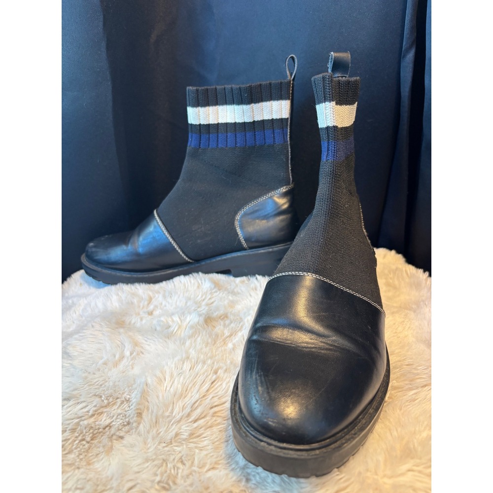 Black Ribbed Knit Sock Ankle Boots Striped Cuff Lug Sole Chelsea Boots Goth